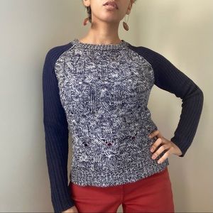 Romeo + Juliet navy and white cable knit sweater with solid navy ribbed sleeves